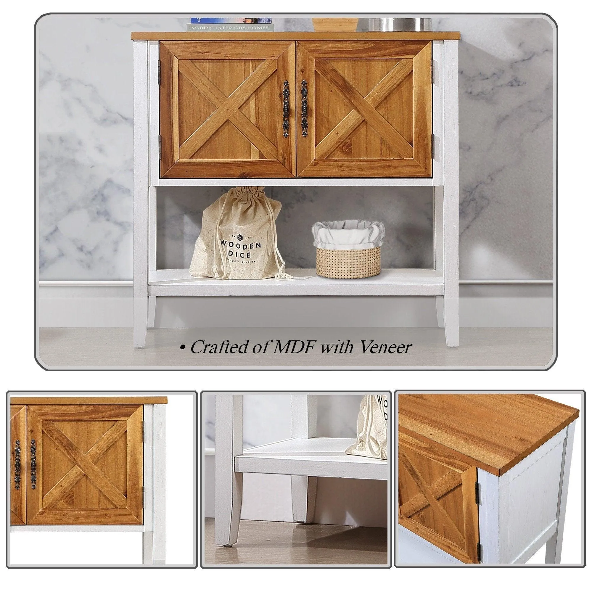 35'' Farmhouse Wood Console Table with Bottom Shelf and 2-Door Cabinet, Natural Acacia