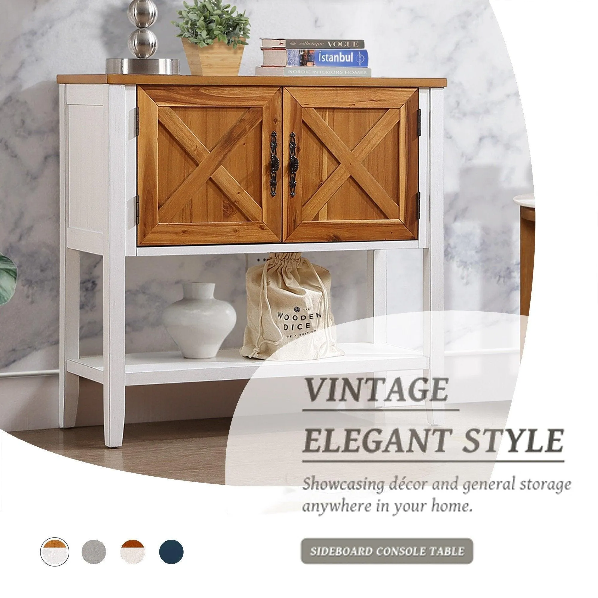 35'' Farmhouse Wood Console Table with Bottom Shelf and 2-Door Cabinet, Natural Acacia