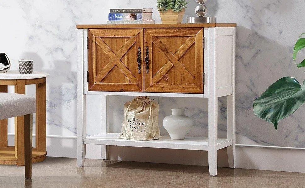 35'' Farmhouse Wood Console Table with Bottom Shelf and 2-Door Cabinet, Natural Acacia