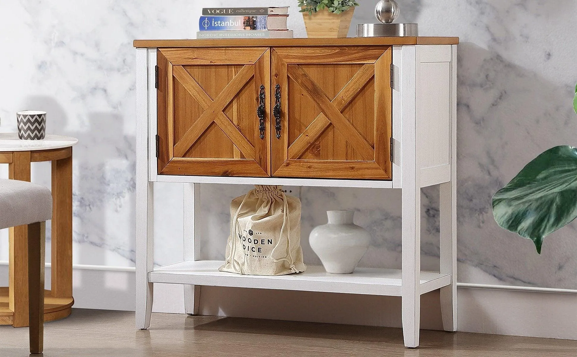 35'' Farmhouse Wood Console Table with Bottom Shelf and 2-Door Cabinet, Natural Acacia
