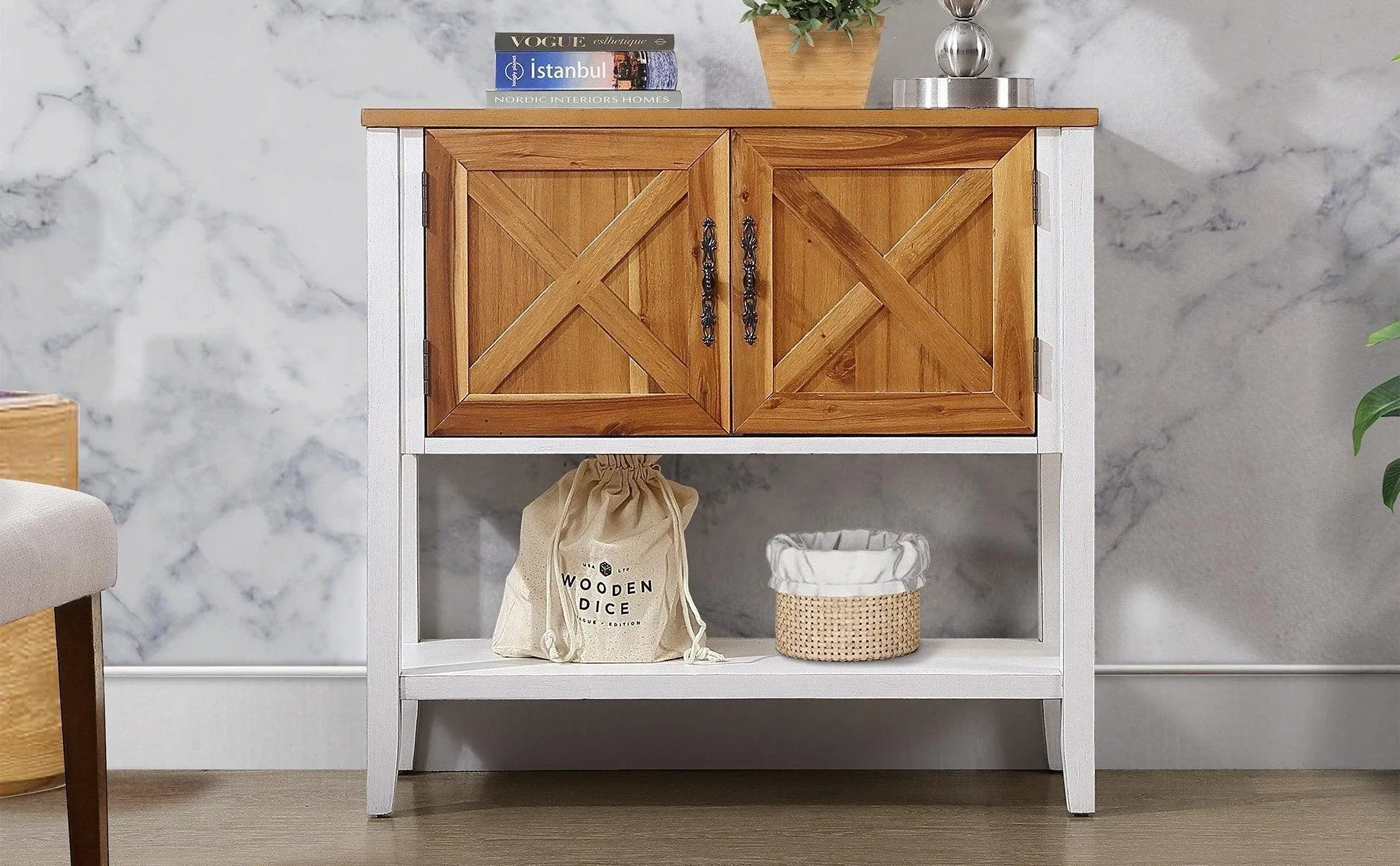 35'' Farmhouse Wood Console Table with Bottom Shelf and 2-Door Cabinet, Natural Acacia