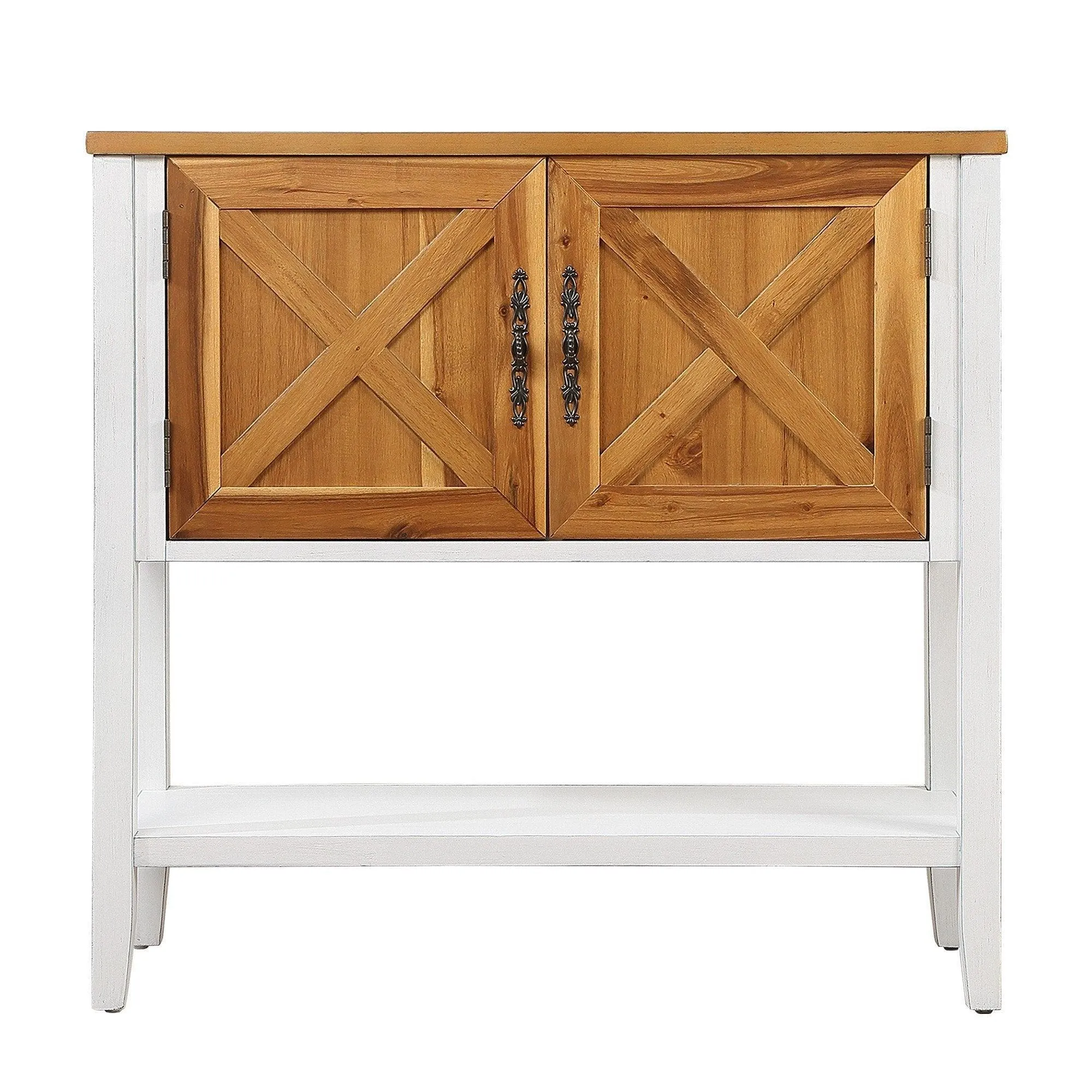 35'' Farmhouse Wood Console Table with Bottom Shelf and 2-Door Cabinet, Natural Acacia