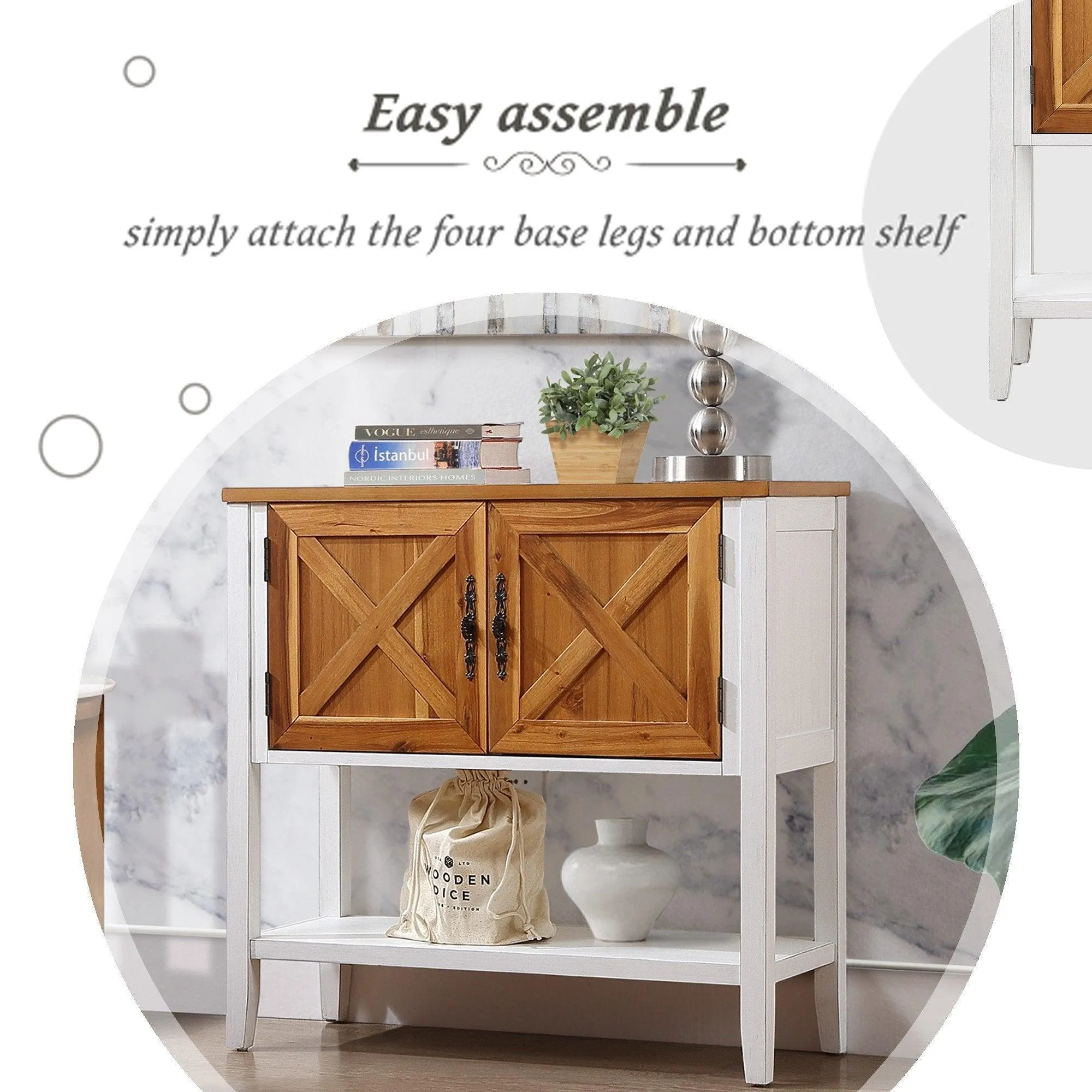 35'' Farmhouse Wood Console Table with Bottom Shelf and 2-Door Cabinet, Natural Acacia