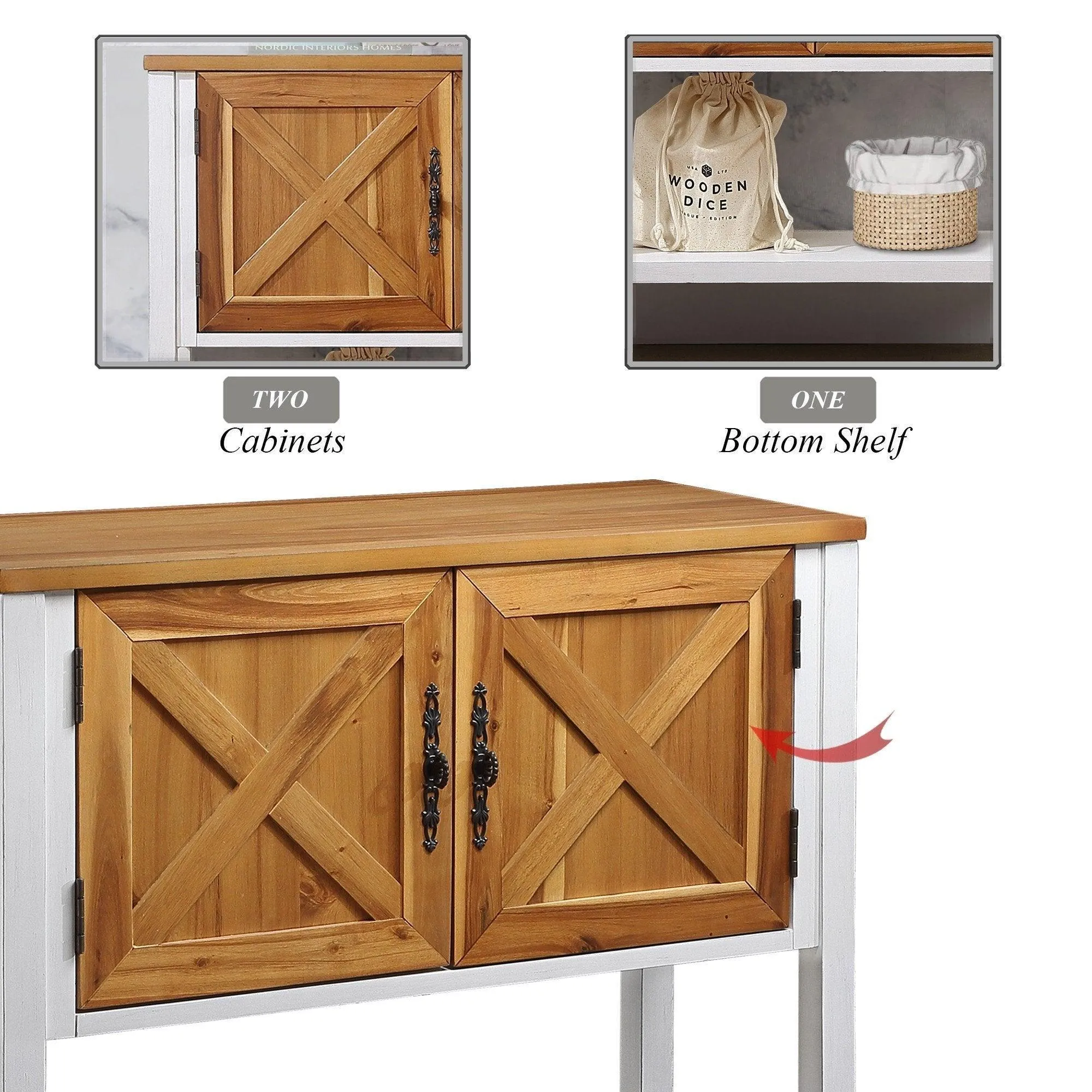 35'' Farmhouse Wood Console Table with Bottom Shelf and 2-Door Cabinet, Natural Acacia