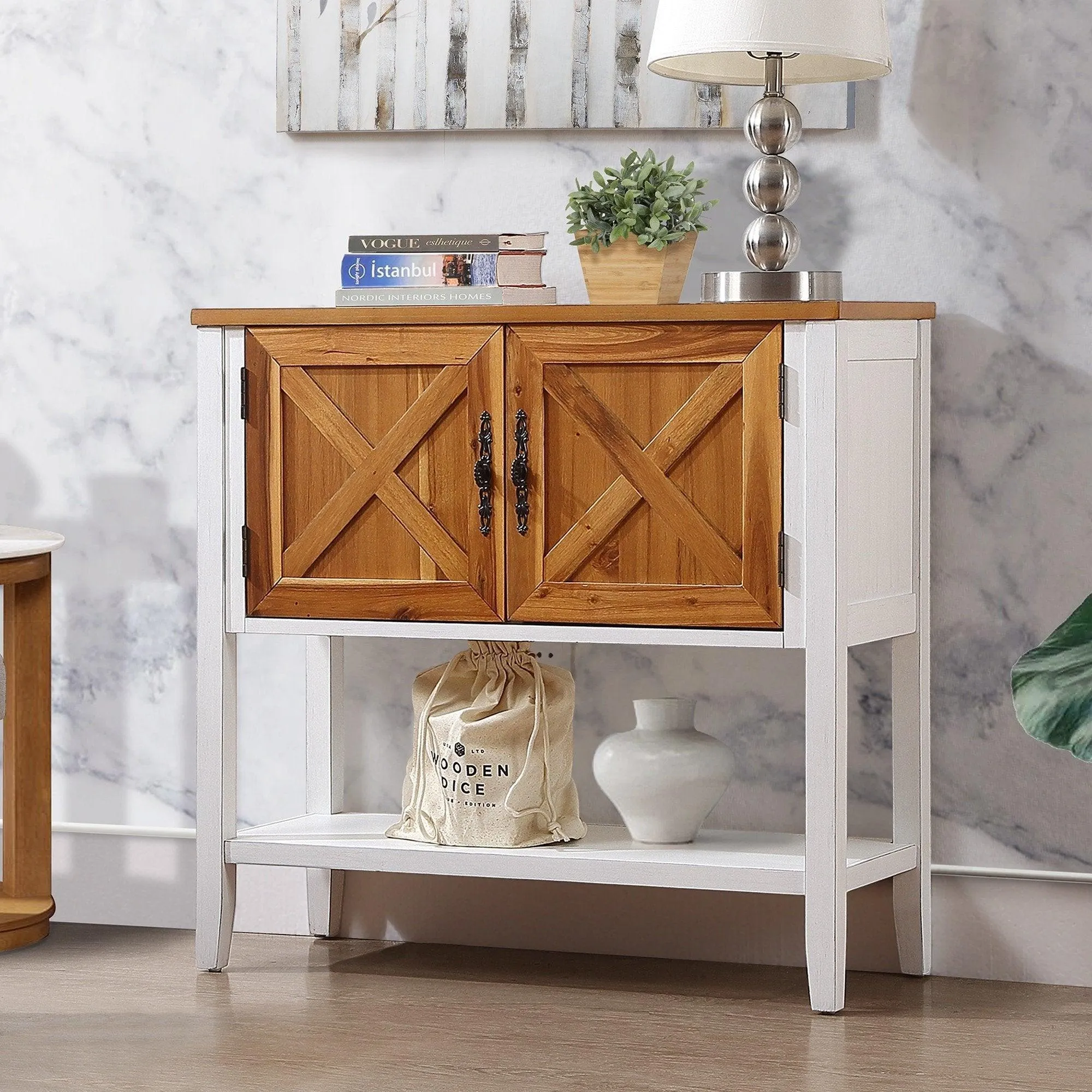 35'' Farmhouse Wood Console Table with Bottom Shelf and 2-Door Cabinet, Natural Acacia