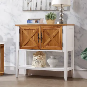 35'' Farmhouse Wood Console Table with Bottom Shelf and 2-Door Cabinet, Natural Acacia