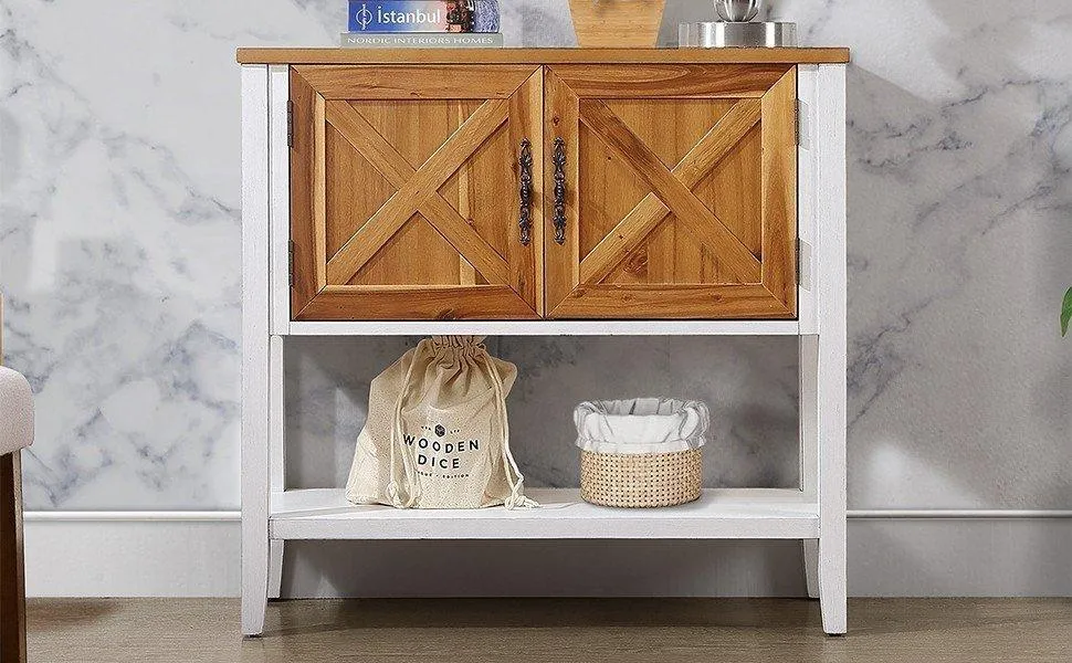 35'' Farmhouse Wood Console Table with Bottom Shelf and 2-Door Cabinet, Natural Acacia