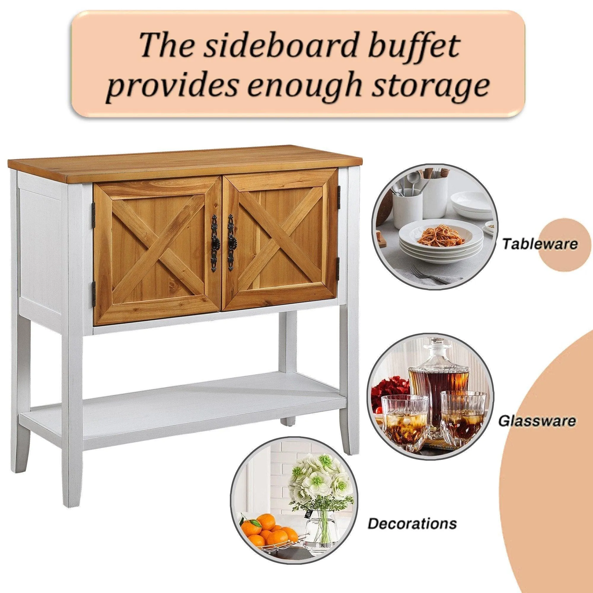 35'' Farmhouse Wood Console Table with Bottom Shelf and 2-Door Cabinet, Natural Acacia