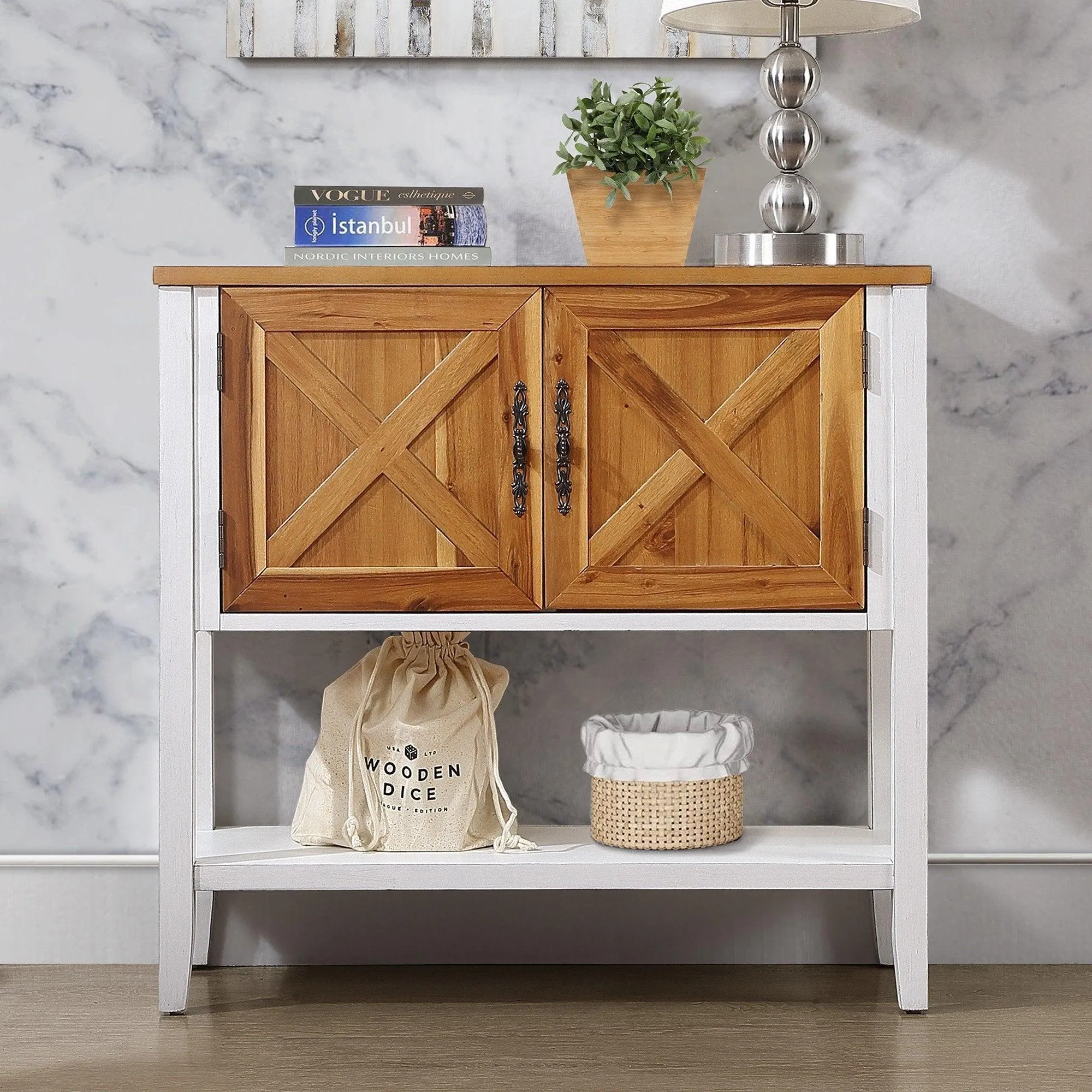 35'' Farmhouse Wood Console Table with Bottom Shelf and 2-Door Cabinet, Natural Acacia