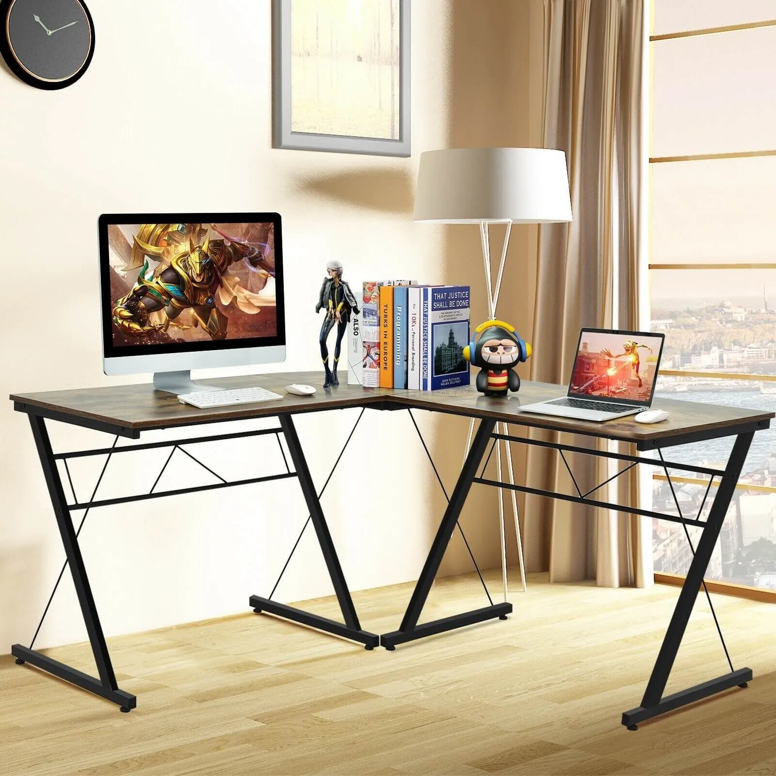 59" L Shaped Corner Computer Writing Desk - Brown