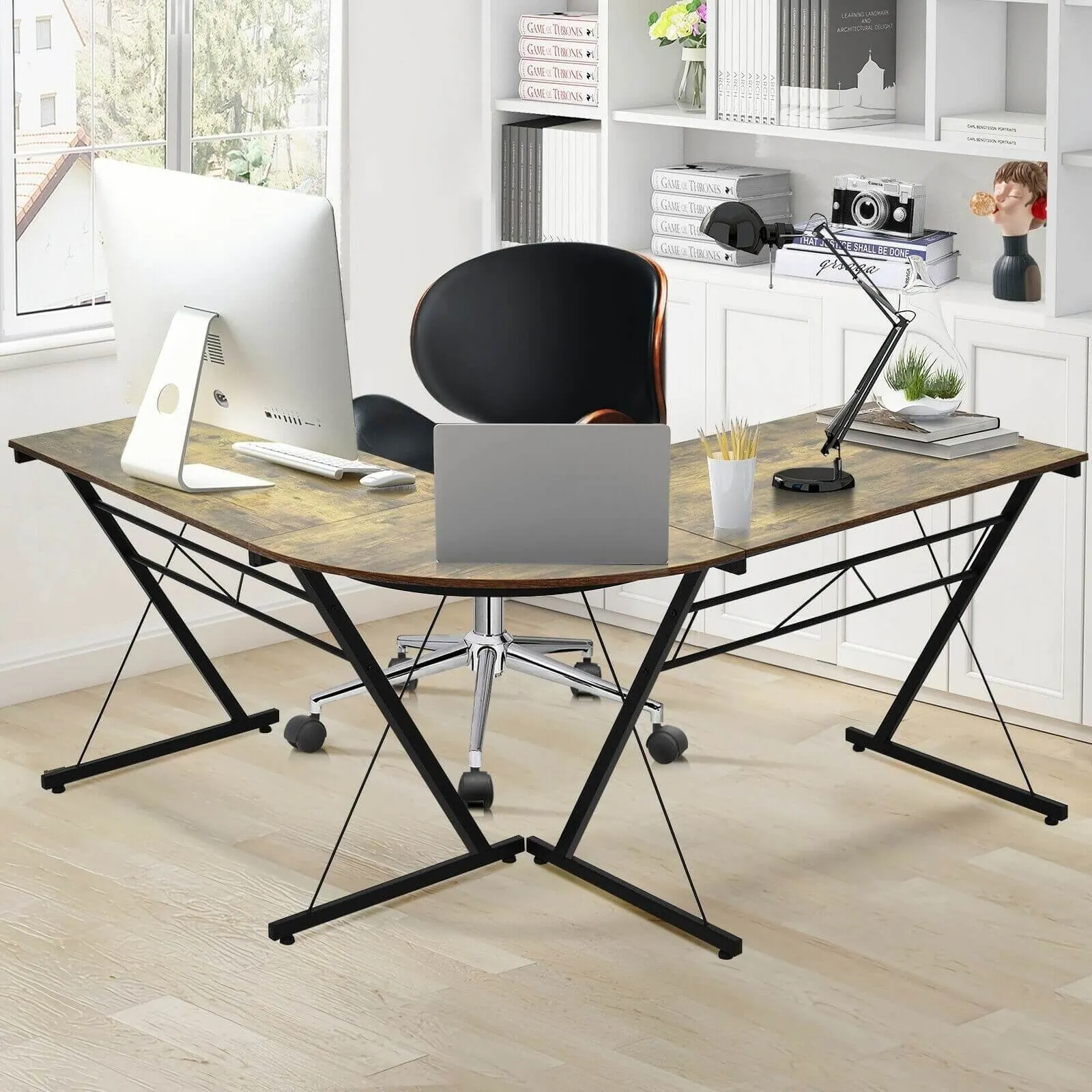 59" L Shaped Corner Computer Writing Desk - Brown