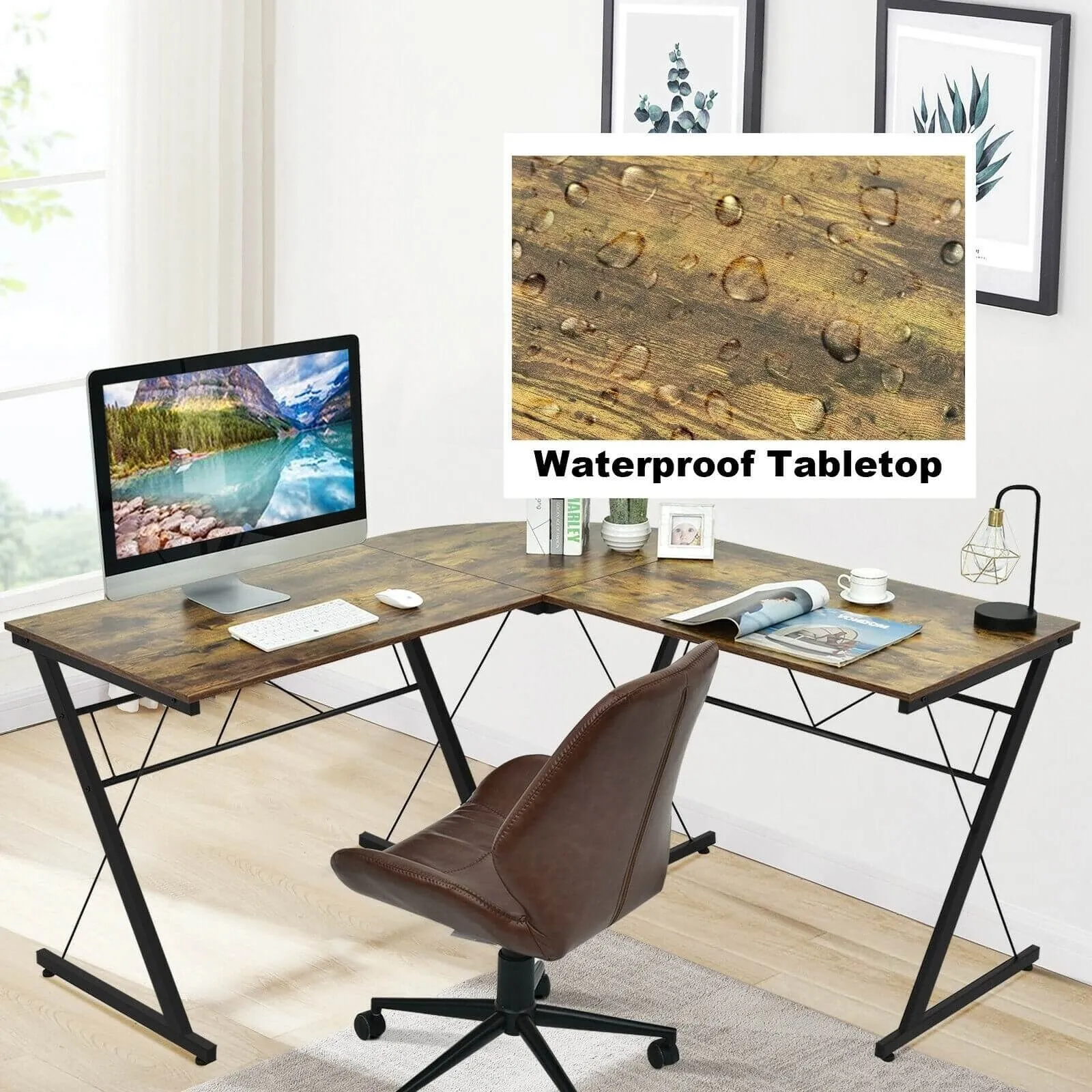 59" L Shaped Corner Computer Writing Desk - Brown