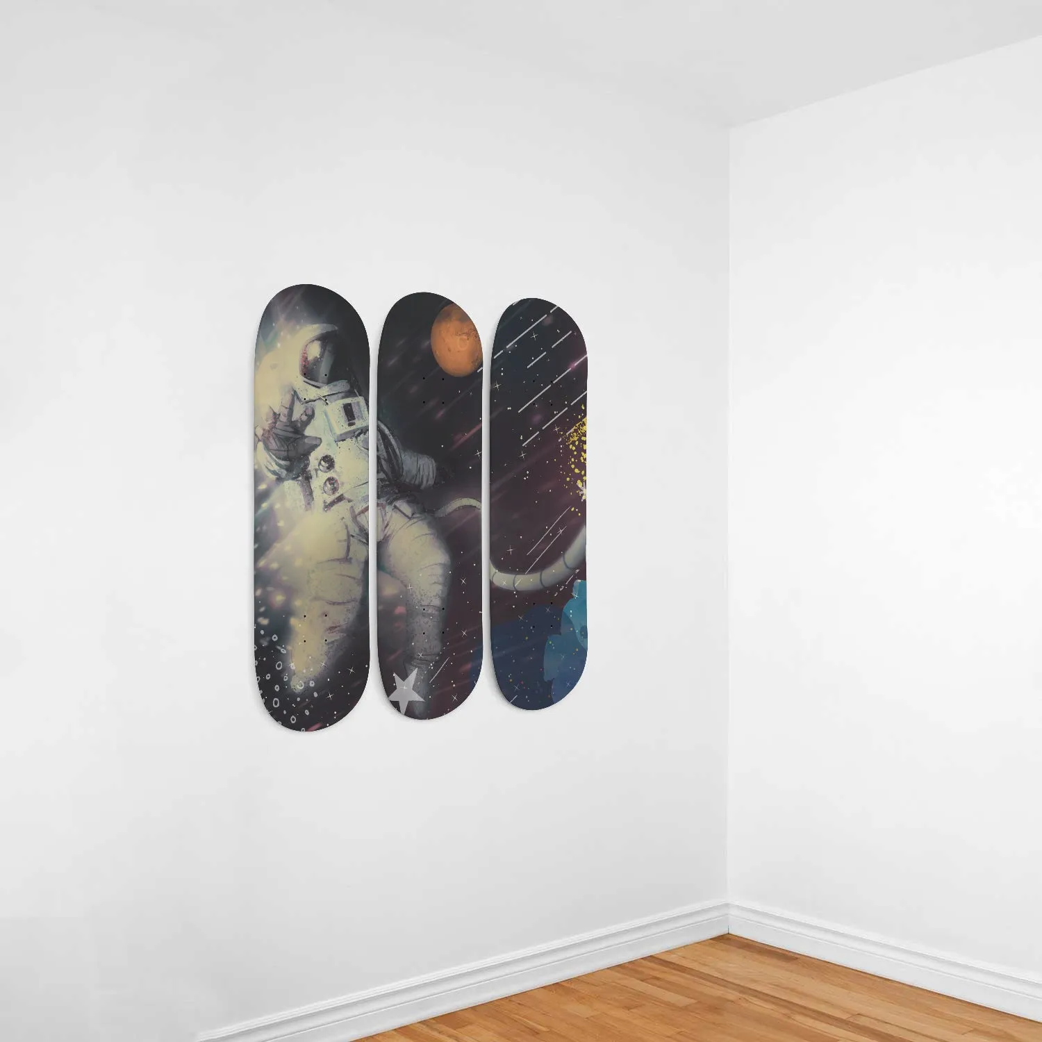 Abstract floating spaceman skateboard art