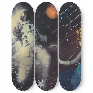 Abstract floating spaceman skateboard art