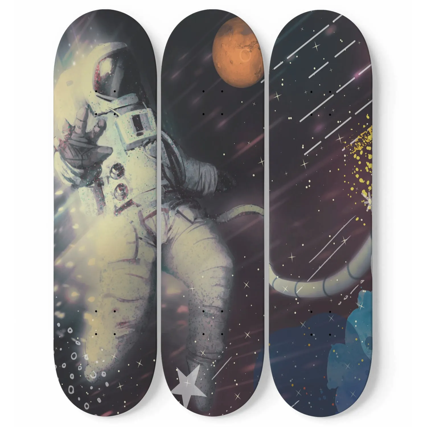 Abstract floating spaceman skateboard art