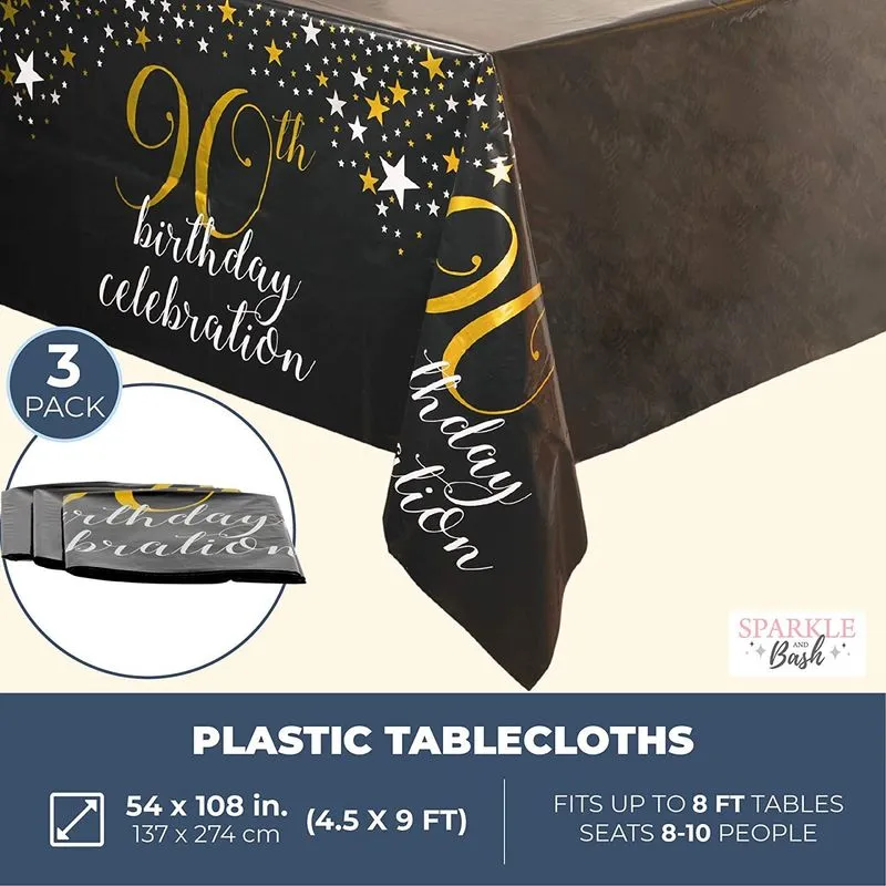 Black Plastic Tablecloth for 90th Birthday Party (54 x 108 in, 3 Pack)