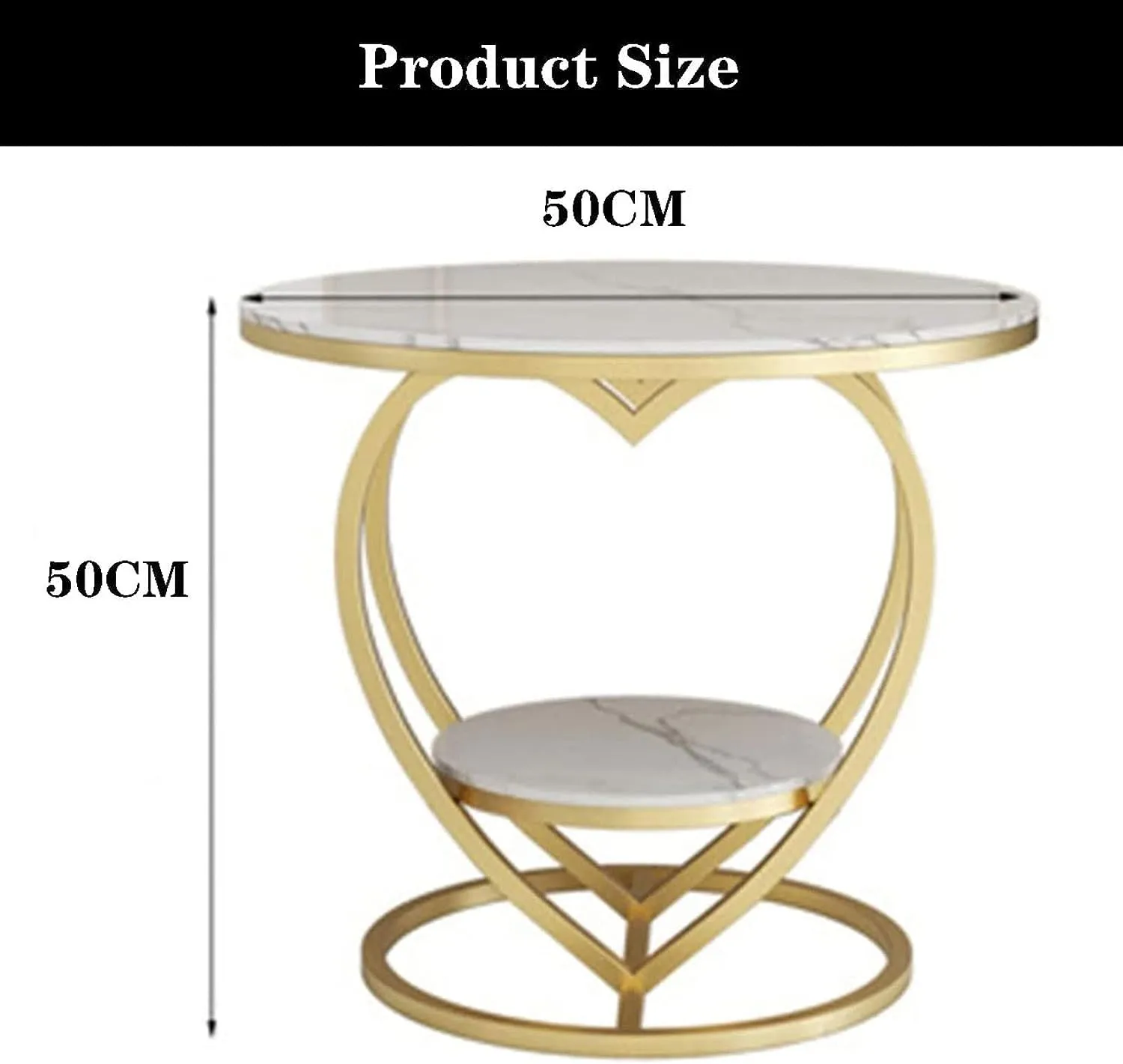 BULKWOOD Round Coffee Table for Living Room, Farmhouse Heart Shape Coffee Table with Storage Shelf, 2-Tier Modern Center Table Wooden Tabletop with Marble Finish (Gold White)