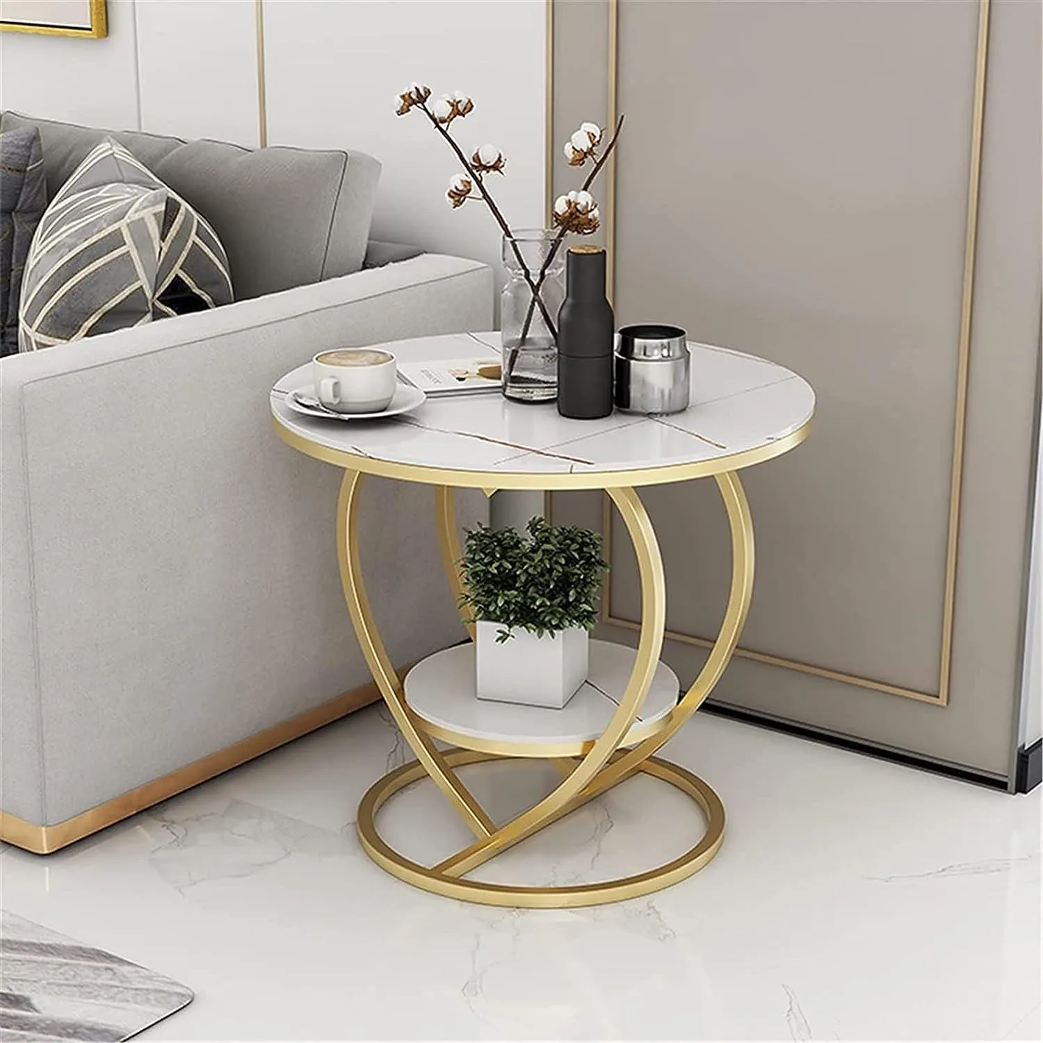 BULKWOOD Round Coffee Table for Living Room, Farmhouse Heart Shape Coffee Table with Storage Shelf, 2-Tier Modern Center Table Wooden Tabletop with Marble Finish (Gold White)