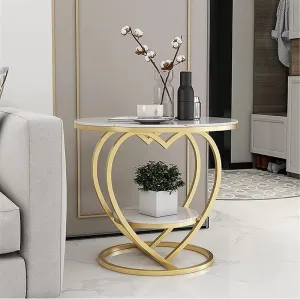 BULKWOOD Round Coffee Table for Living Room, Farmhouse Heart Shape Coffee Table with Storage Shelf, 2-Tier Modern Center Table Wooden Tabletop with Marble Finish (Gold White)