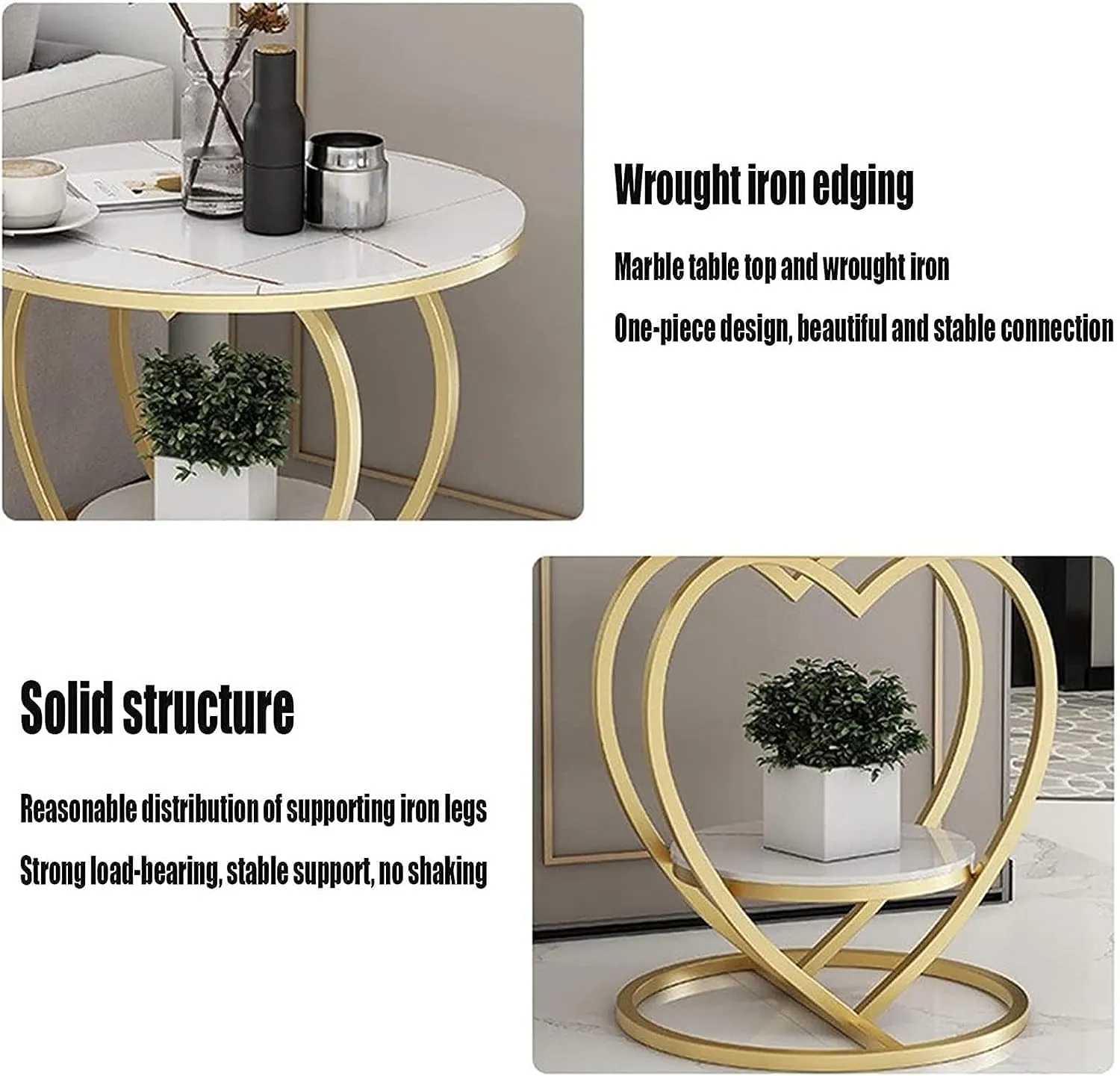 BULKWOOD Round Coffee Table for Living Room, Farmhouse Heart Shape Coffee Table with Storage Shelf, 2-Tier Modern Center Table Wooden Tabletop with Marble Finish (Gold White)
