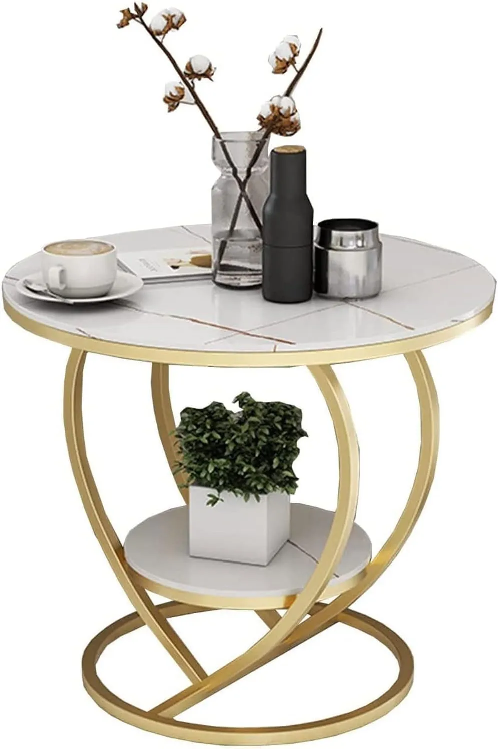 BULKWOOD Round Coffee Table for Living Room, Farmhouse Heart Shape Coffee Table with Storage Shelf, 2-Tier Modern Center Table Wooden Tabletop with Marble Finish (Gold White)