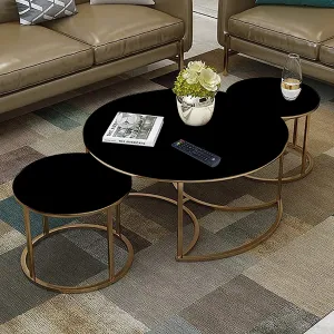 BULKWOOD Round Coffee Tables Set of 3 with Storage, Modern Coffee Table for Living Room Table Top in Wood with Marble Finish Metal Frame (Black Gold)