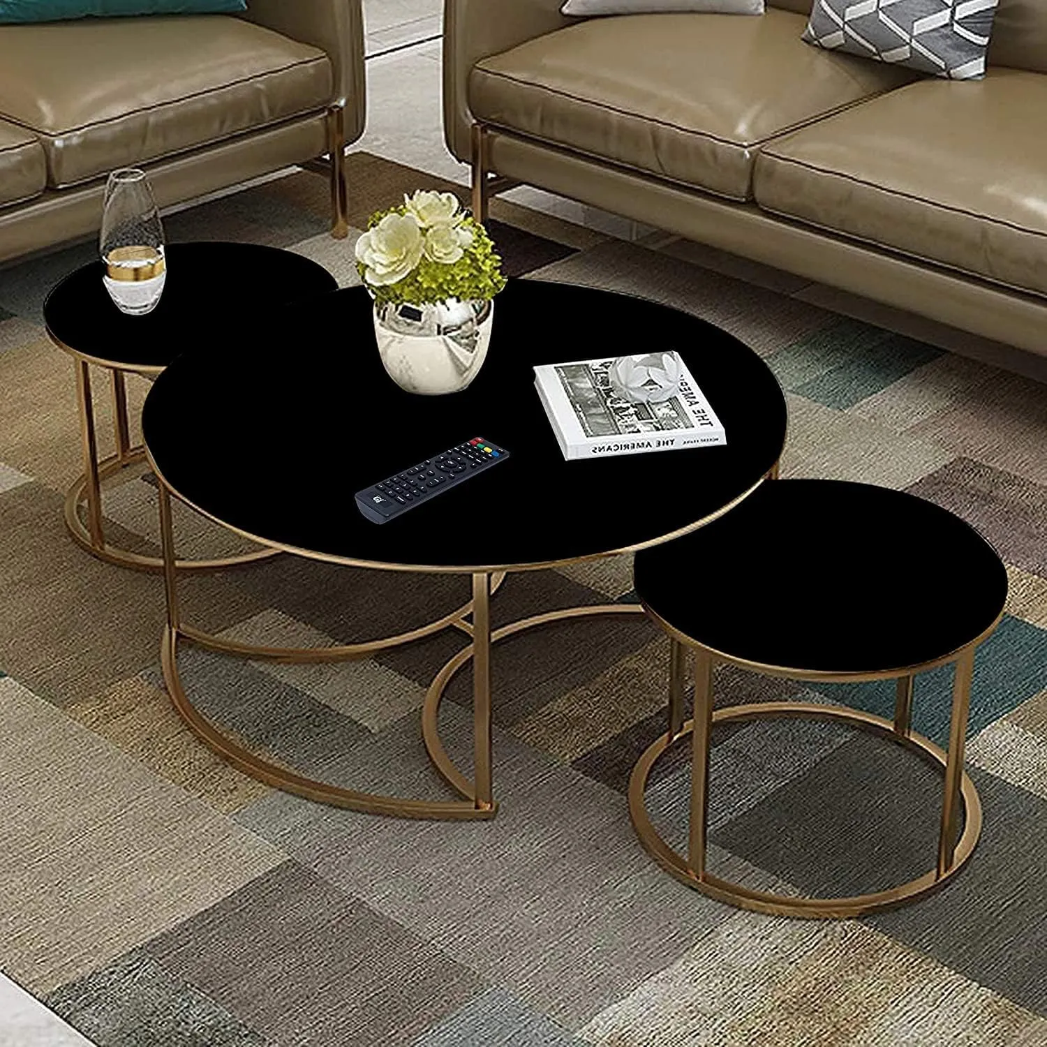 BULKWOOD Round Coffee Tables Set of 3 with Storage, Modern Coffee Table for Living Room Table Top in Wood with Marble Finish Metal Frame (Black Gold)