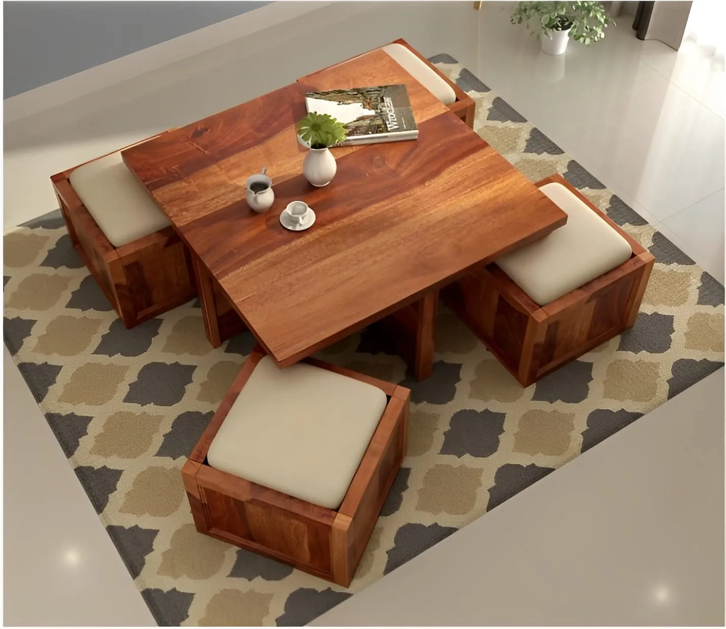 Douceur Furnitures Sheesham Wood Center/Coffee/Tea Table with 4 Seating Stool | Finish- Natural Brown |