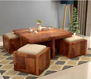 Douceur Furnitures Sheesham Wood Center/Coffee/Tea Table with 4 Seating Stool | Finish- Natural Brown |