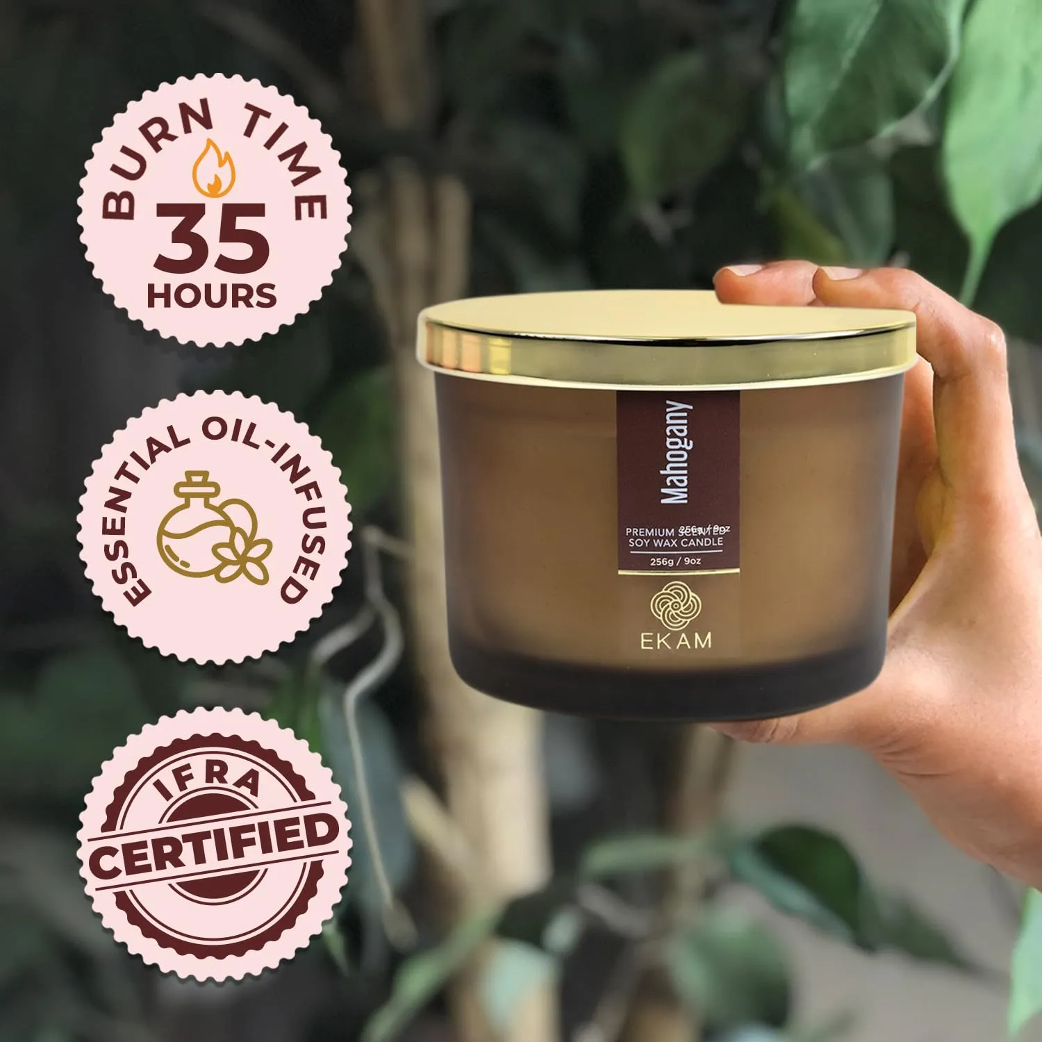 EKAM | 3 Wick Soy Wax Scented Candle | 35 Hours Burn Time | Long Lasting Premium Candles | Ideal for Home Décor, Gifting & Aromatherapy (Mahogany)