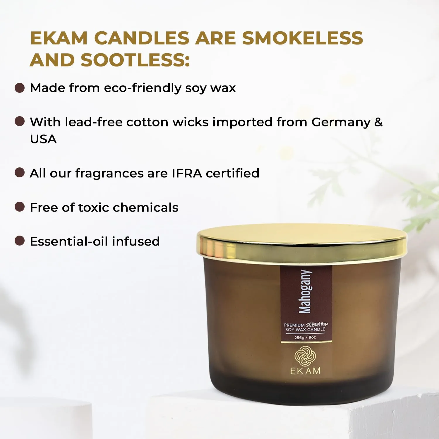 EKAM | 3 Wick Soy Wax Scented Candle | 35 Hours Burn Time | Long Lasting Premium Candles | Ideal for Home Décor, Gifting & Aromatherapy (Mahogany)