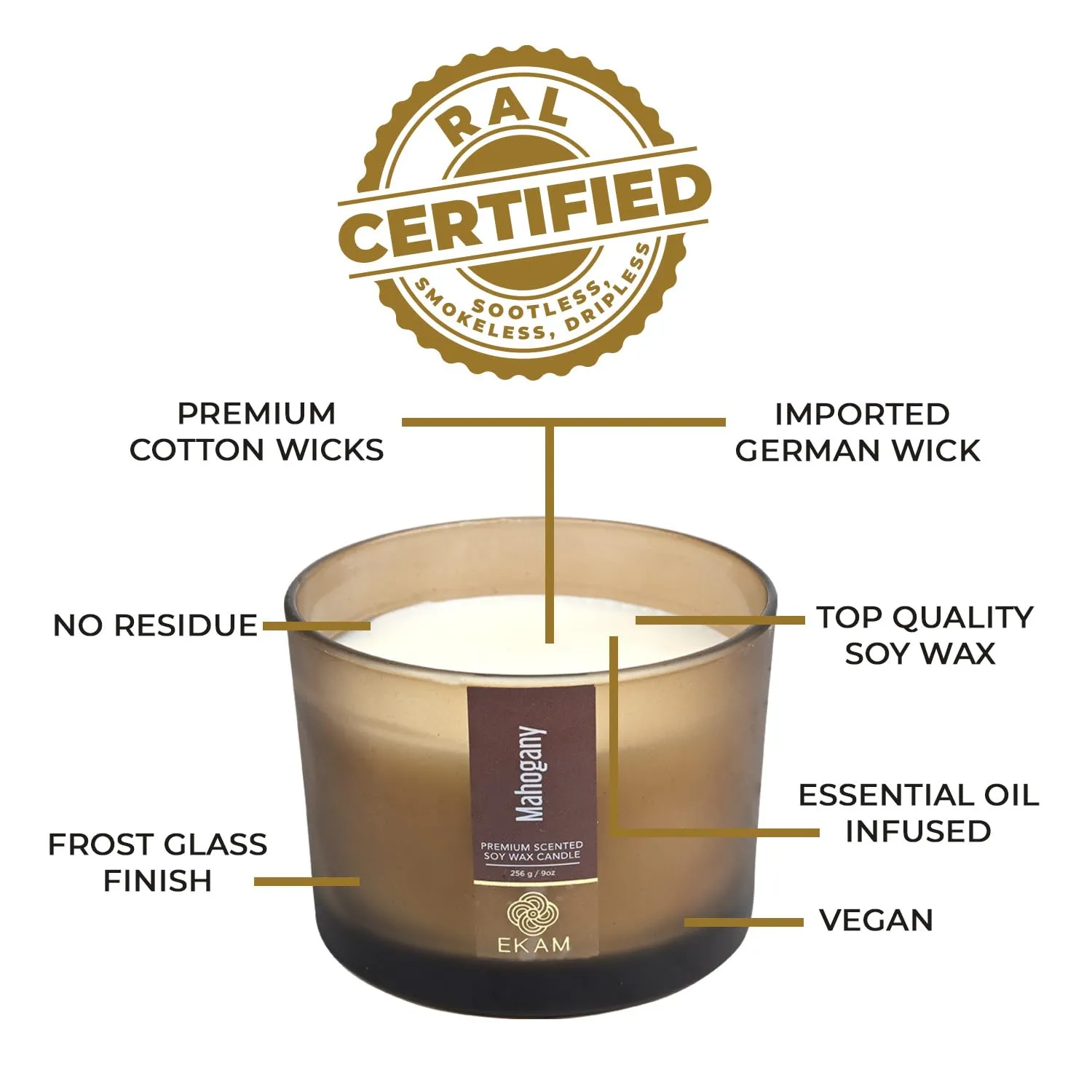 EKAM | 3 Wick Soy Wax Scented Candle | 35 Hours Burn Time | Long Lasting Premium Candles | Ideal for Home Décor, Gifting & Aromatherapy (Mahogany)