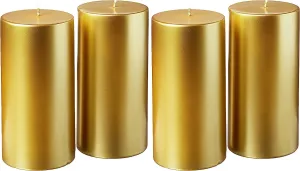 Exquisite Pack of 4 Elaborately Sculpted Metallic Pillar Candles, Showcasing an Exquisite Symphony of Artistry, Beauty, and Radiant Gold, Emanating an Aura of Sublime Luxury
