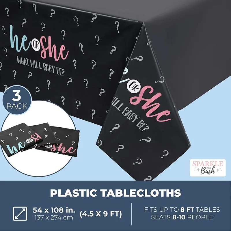 Gender Reveal Party Plastic Tablecloth, He or She (54 x 108 in, 3 Pack)