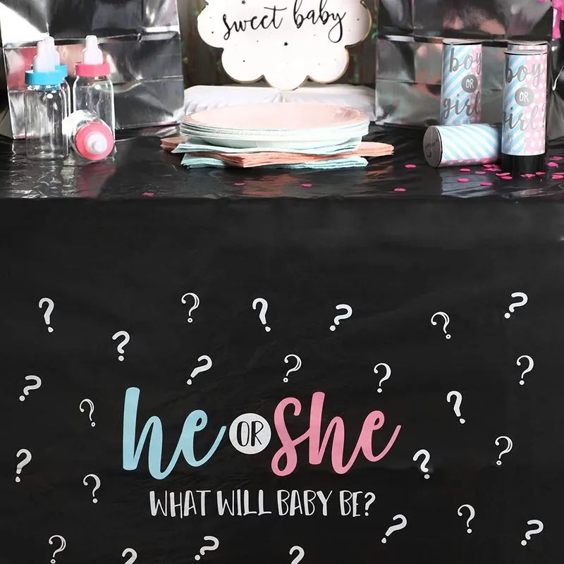 Gender Reveal Party Plastic Tablecloth, He or She (54 x 108 in, 3 Pack)