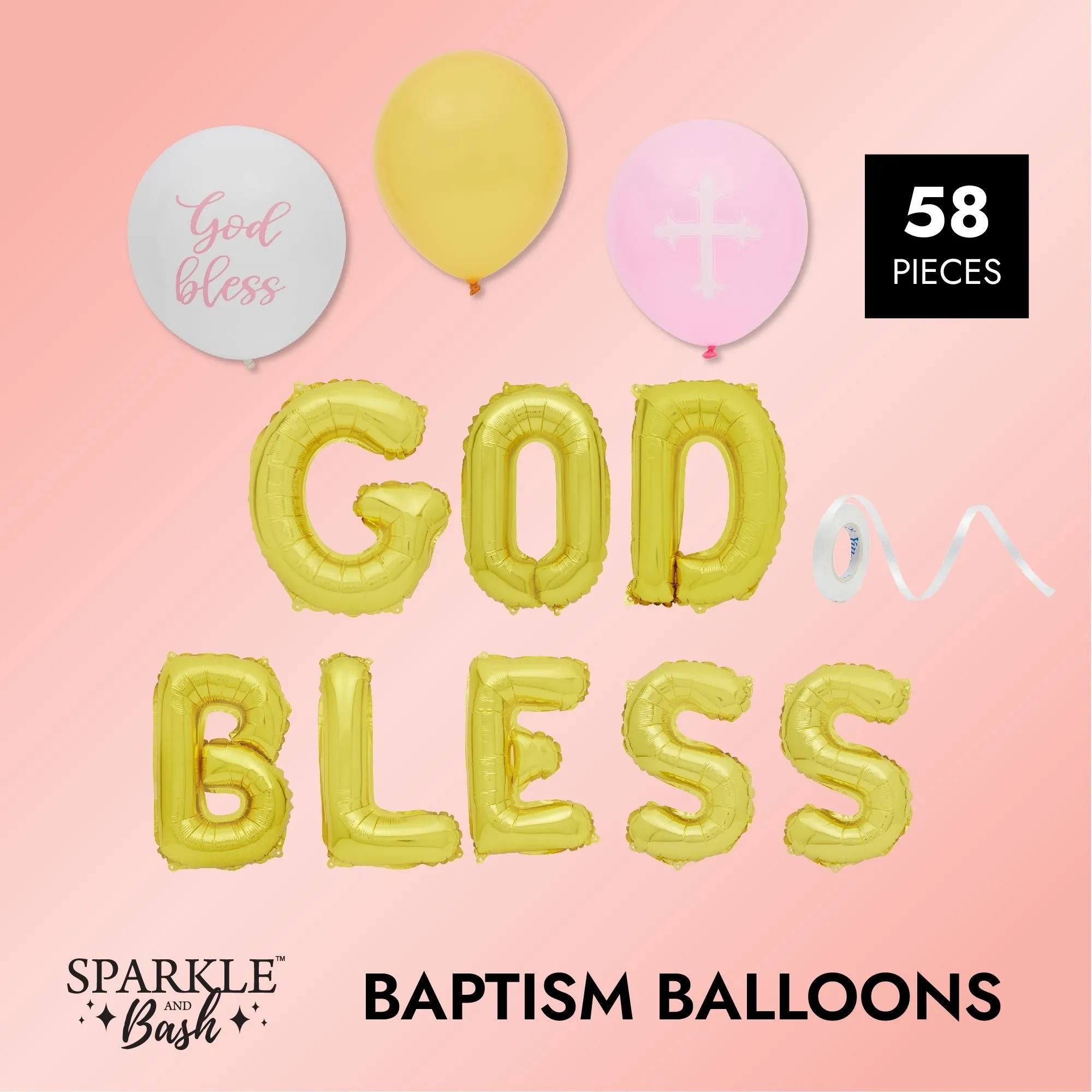 God Bless Banner Balloons for Girls Baptism Decorations, First Communion (12-16 In, 58 Piece Set)