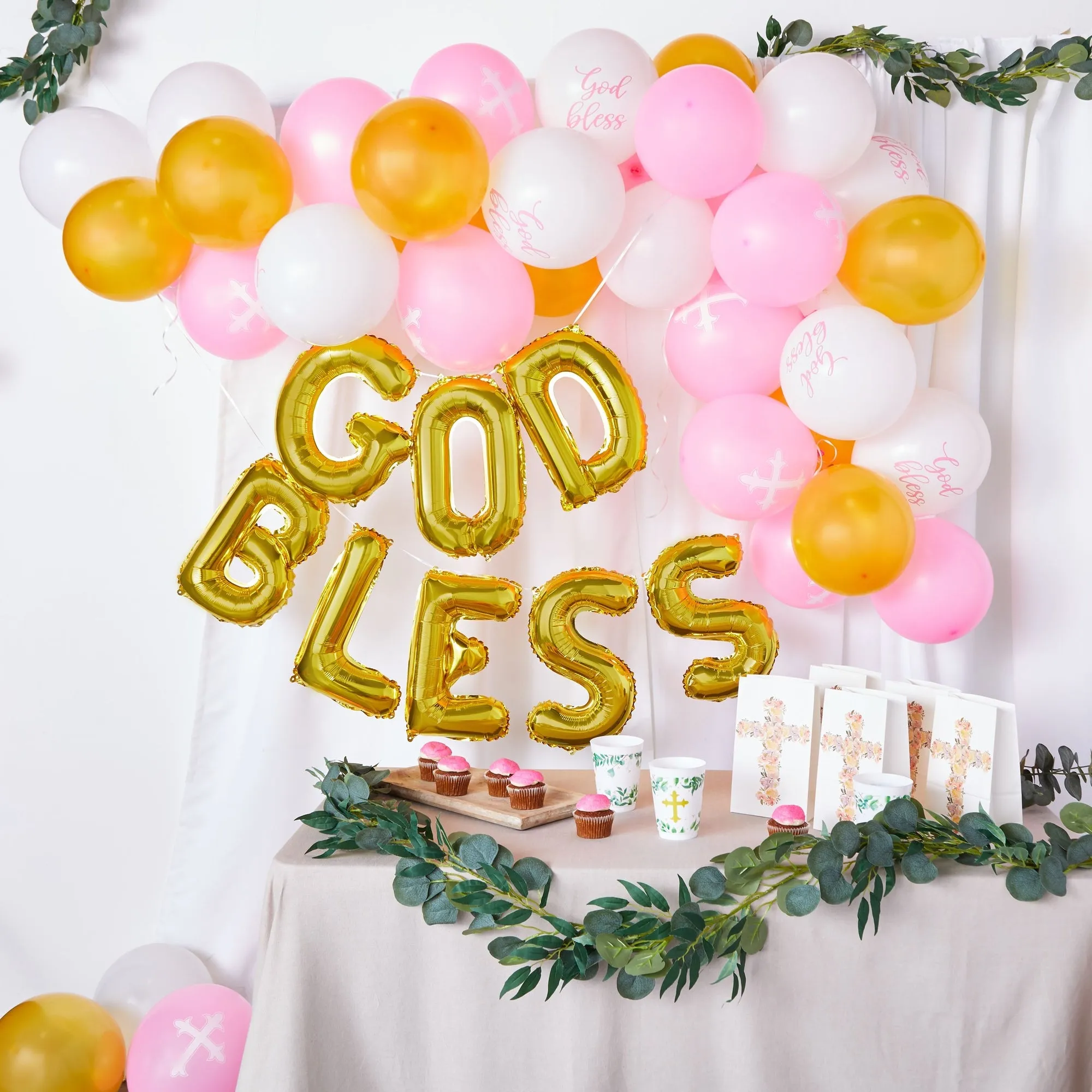 God Bless Banner Balloons for Girls Baptism Decorations, First Communion (12-16 In, 58 Piece Set)