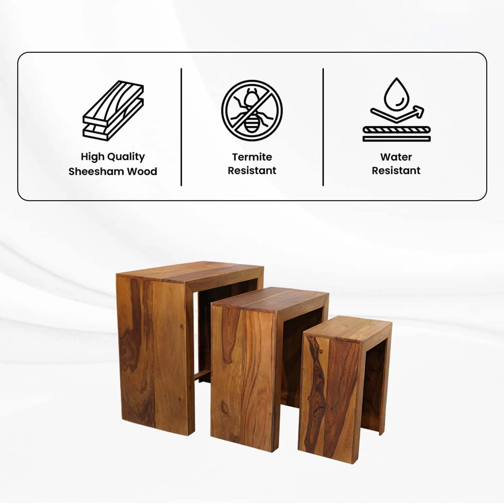 Kuber Industries Set of 3 Handcraft Sheesham Wooden Nesting Table/Stool for Home, Bedroom & Office | Honey Finish Peg Tables for Living Room | Nested Table Furniture | Natural Wooden Brown