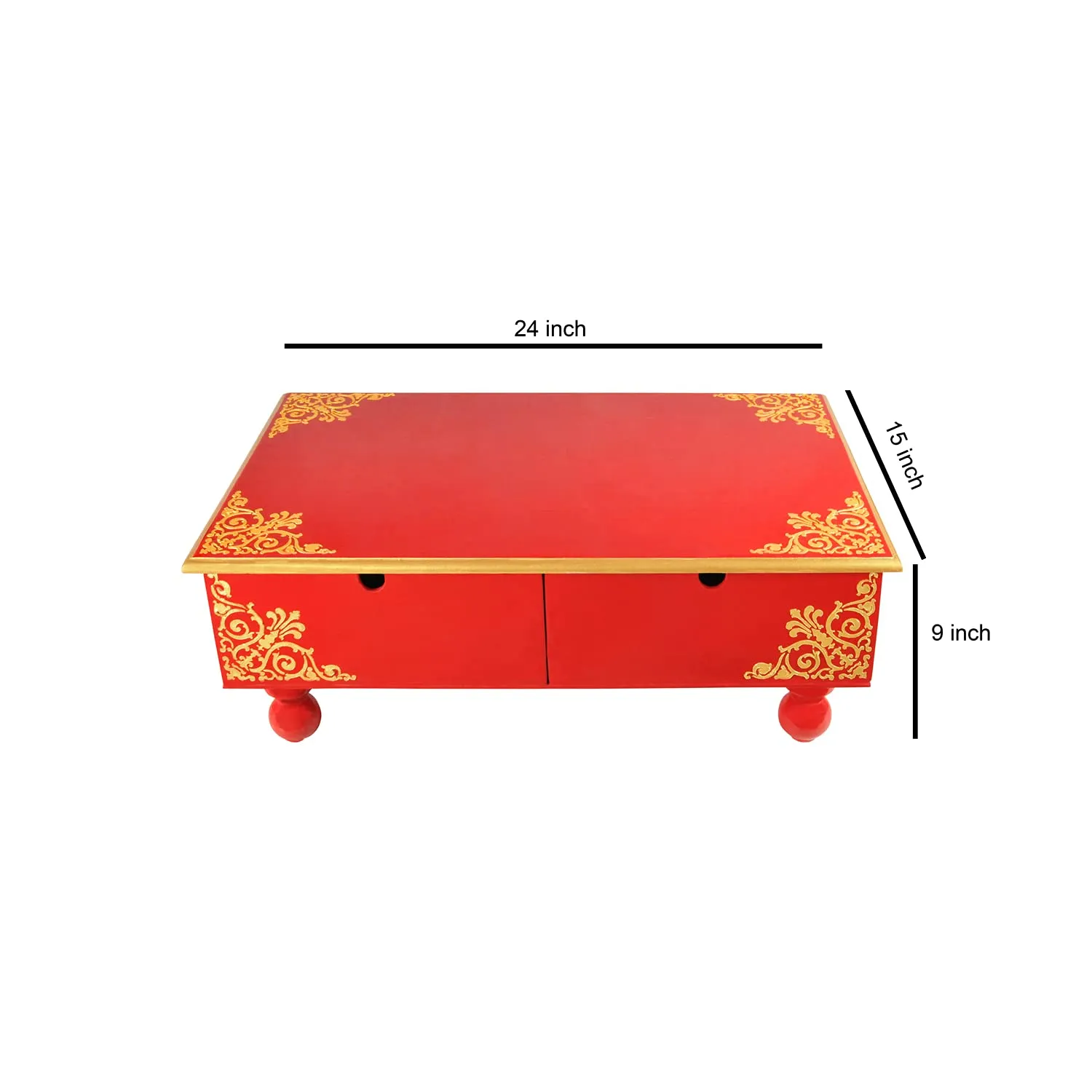Lalhaveli Multi purpose wooden pooja Stand peetalu Home Decoration stool for mandir Kids Study Wooden Hand-painted Chowki with Inside Drawers Pooja Bajot End Table (24X15X9 Inch)