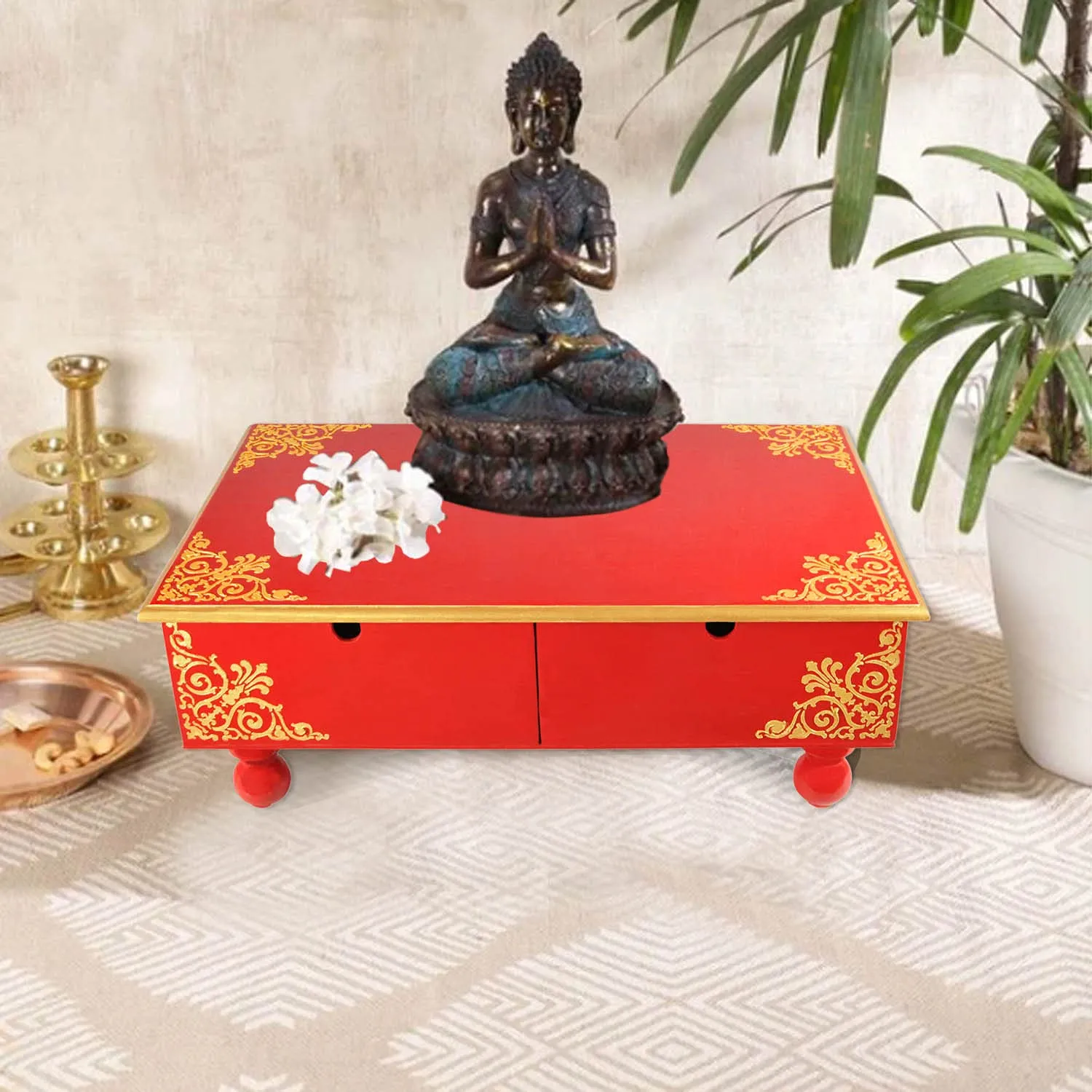 Lalhaveli Multi purpose wooden pooja Stand peetalu Home Decoration stool for mandir Kids Study Wooden Hand-painted Chowki with Inside Drawers Pooja Bajot End Table (24X15X9 Inch)