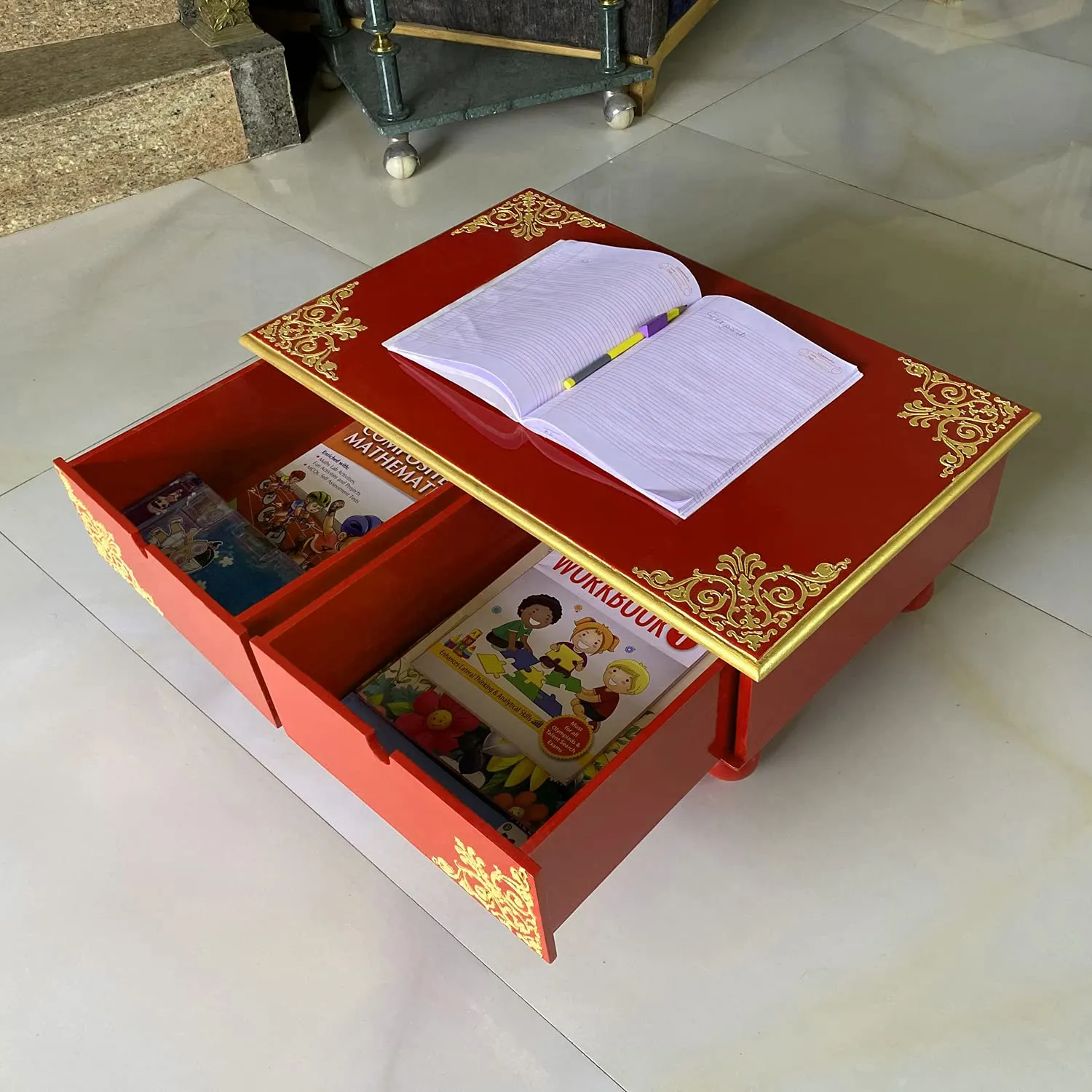 Lalhaveli Multi purpose wooden pooja Stand peetalu Home Decoration stool for mandir Kids Study Wooden Hand-painted Chowki with Inside Drawers Pooja Bajot End Table (24X15X9 Inch)
