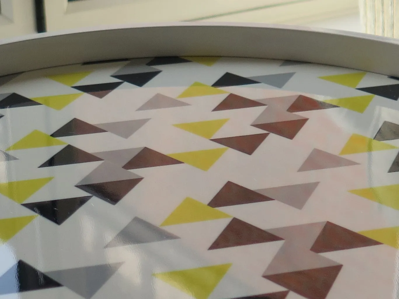Leonie Side Table -White Top With Multi-Coloured Triangle Pattern & Natural Legs