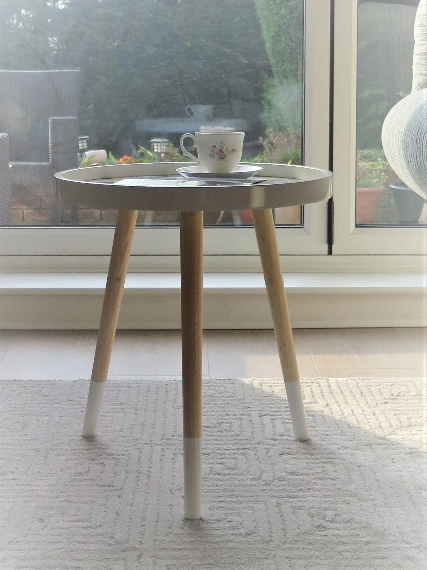 Leonie Side Table -White Top With Multi-Coloured Triangle Pattern & Natural Legs