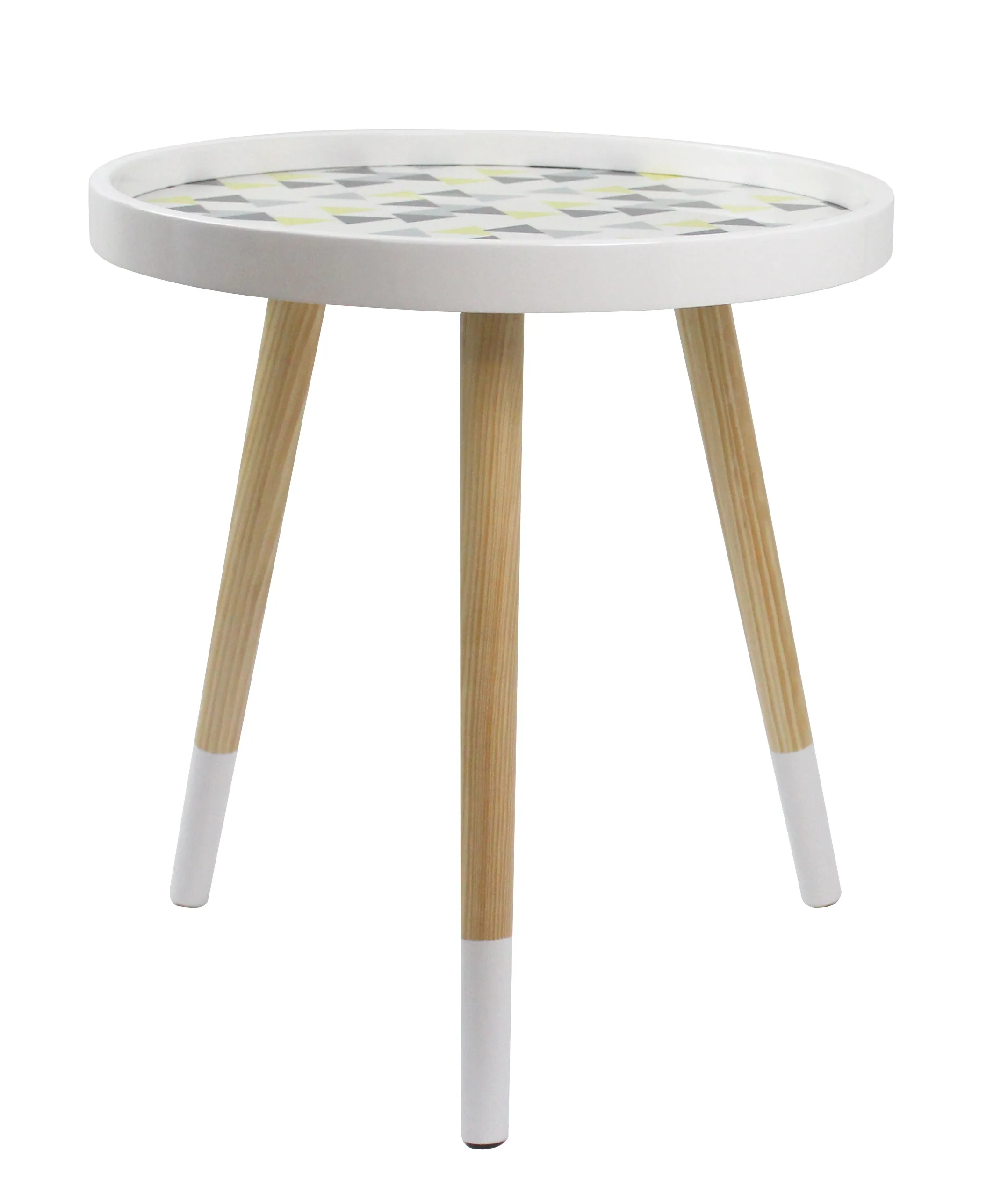 Leonie Side Table -White Top With Multi-Coloured Triangle Pattern & Natural Legs