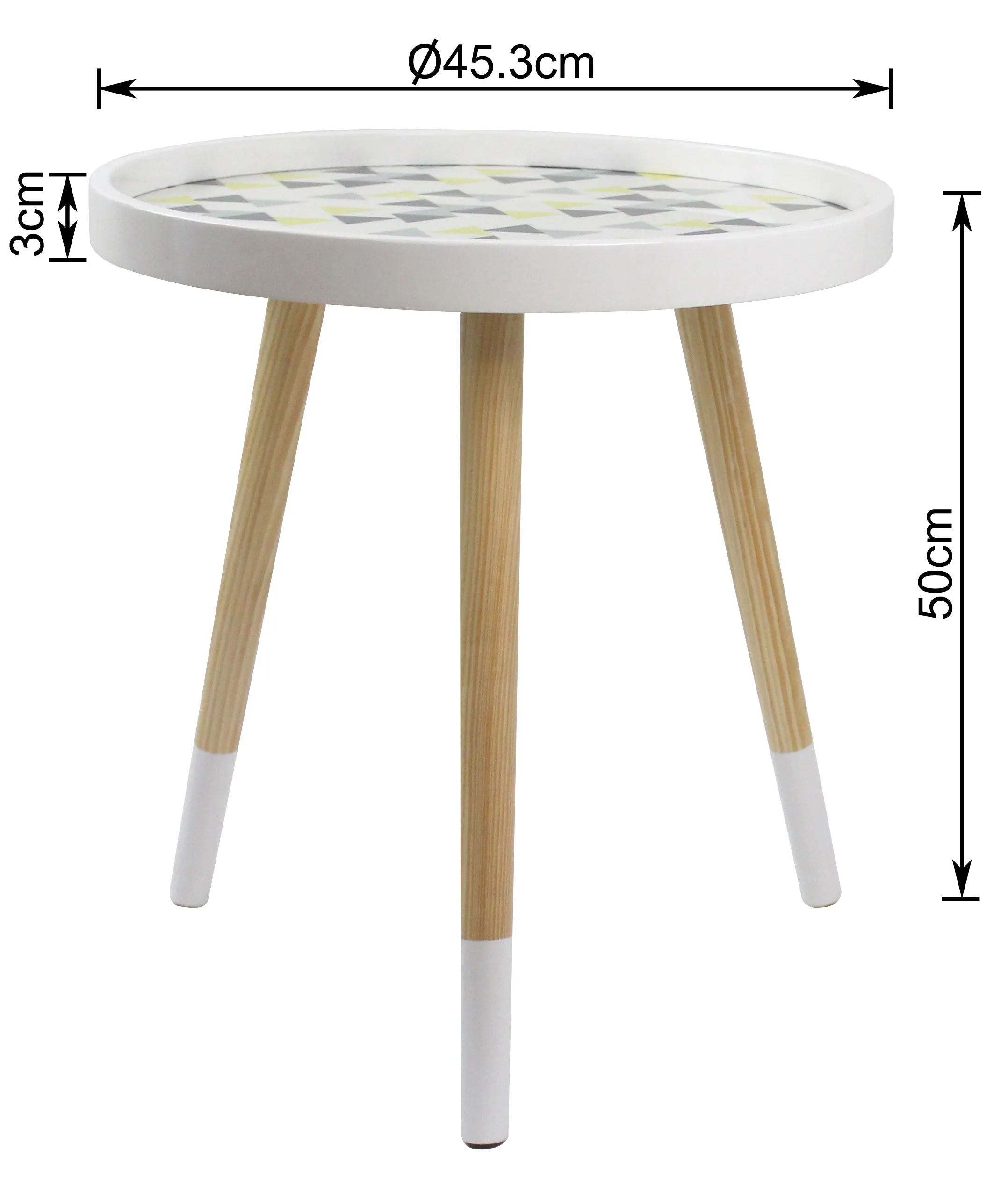 Leonie Side Table -White Top With Multi-Coloured Triangle Pattern & Natural Legs
