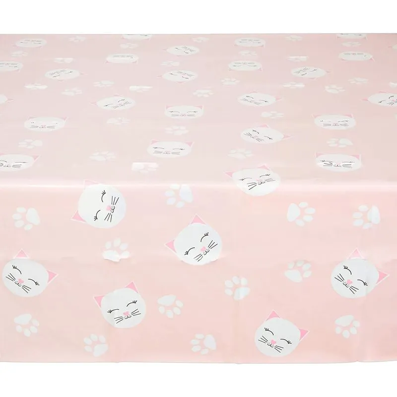 Light Pink Plastic Tablecloth, Cat Birthday Party Supplies (54 x 108 In, 3 Pack)