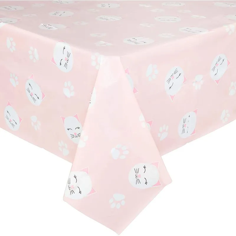 Light Pink Plastic Tablecloth, Cat Birthday Party Supplies (54 x 108 In, 3 Pack)