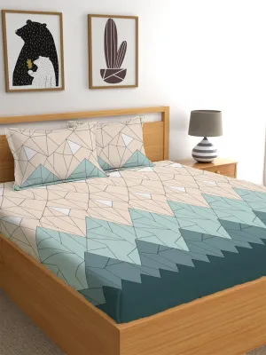 LOOMLYFE Cotton Feel Glace Cotton Elastic Fitted Printed King Size Double Bed Bedsheet with 2 Pillow Covers Fits Upto 8 inches Mattress,Size- 72x78x10 Inches,Beige Green Triangle
