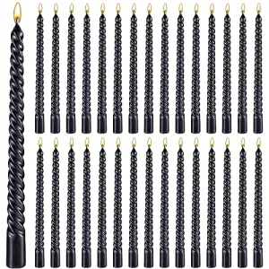 MTLEE 30 Pieces 10 Inch Metallic Taper Candles Spiral Candle Dripless Long Candle Sticks 8 Hrs Clean Burning Unscented Tapered Candles Glossy Metal Like Candlesticks for Wedding Dinn (Black)