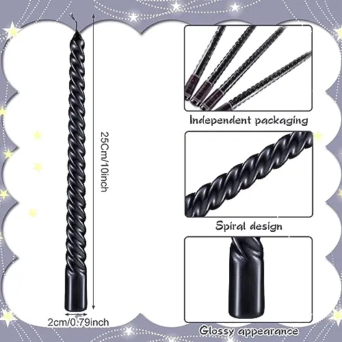 MTLEE 30 Pieces 10 Inch Metallic Taper Candles Spiral Candle Dripless Long Candle Sticks 8 Hrs Clean Burning Unscented Tapered Candles Glossy Metal Like Candlesticks for Wedding Dinn (Black)